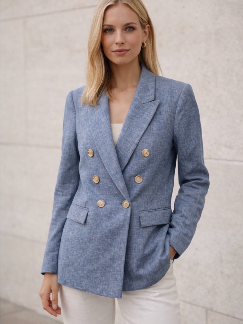 Ann Taylor Loft Linen Blend Double Breasted Blazer Chambray Career Size 4